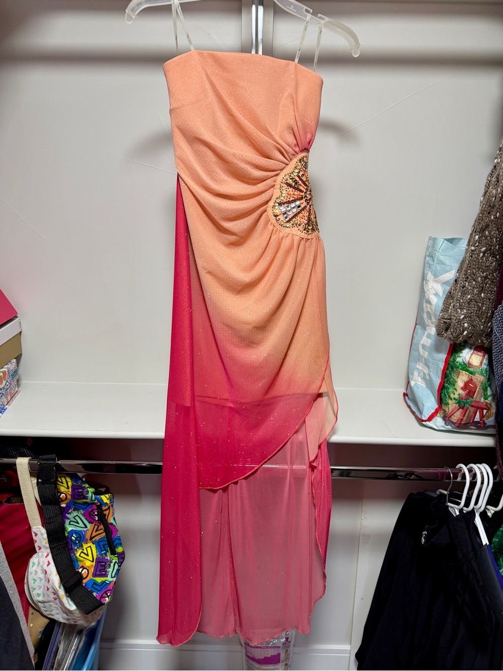 Teeze Me Strapless Ombre Peach and Hot Pink Evening Gown with Beaded Side Accent